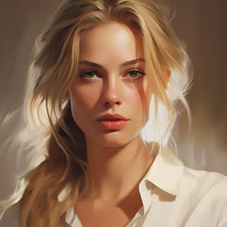 a blonde woman in a white shirt with no necklace in the style of kai fjell light gold and light amber daniela uhlig