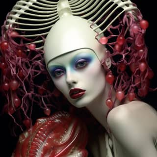 Tiga gadis berkulit hitam memakai kostum pentas techno-pop dalam gaya mert dan marcus, dengan mahkota tengkorak dan riasan merah dan biru.