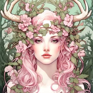 Pembe saçlı ve geyik boynuzlu elf kadın druid, Alphonse Mucha'nın art nouveau tarzında.