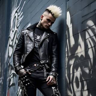 fit midaged man realistic Skin black mohawk hair leather jacket Piercings Military Boots Lean against wall with Graffiti