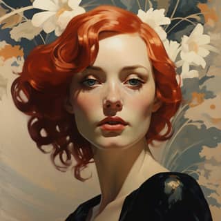 a forty beautiful woman, a red haired woman with white flowers