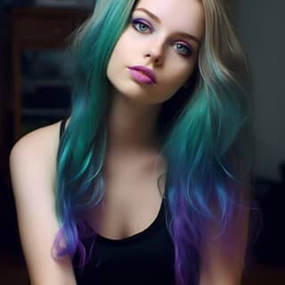Ragazza con lunghi capelli blu e verdi e labbra blu nello stile di smeraldo chiaro e viola, con una sottile applicazione di inchiostro provia e colori sfumati morbidi.