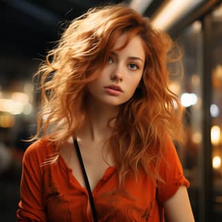 امرأة ذات شعر أحمر طويل في سينما الحركة فائقة الواقعية.