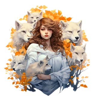 illustration montesera, with white hair and white wolves