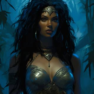 a person with a dark hair in a woodland in the style of afrofuturism dark black and azure kushan empire poster art d&d