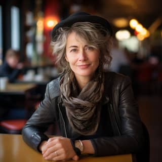 wanita memakai topi hitam di sebuah kafe