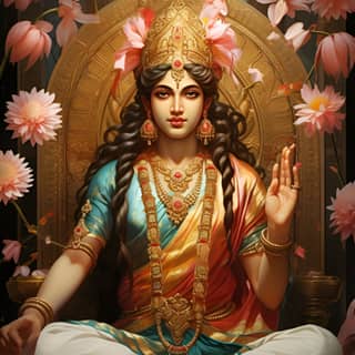 Senhor Shiva na posição de lótus cercado por flores de lótus, um realista deus hindu Brahma em uma iconografia religiosa serena, e ilustrações indianas históricas com sari, flores e moedas de ouro no estilo de um baralho de tarô.