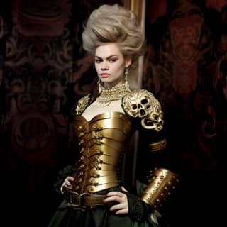 renaissance shoulder armor decorated skull motif, in a gold and black costume