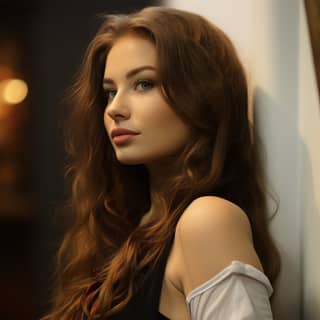 side view realistic woman, with long hair and a black top