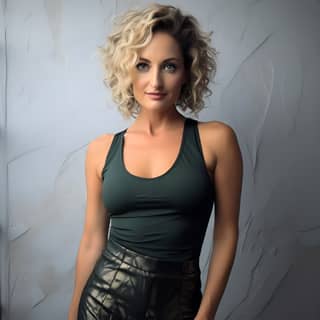 Donna slanciata e alta in un top verde, pantaloni di pelle nera e pantaloni da yoga verde scuro.