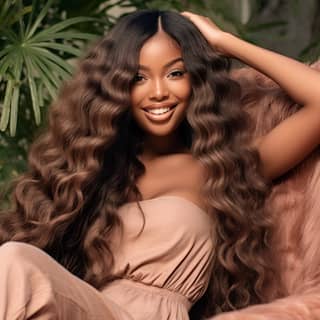 Una hermosa mujer negra con cabello largo y liso y rasgos faciales claros sentada en una elegante pose.