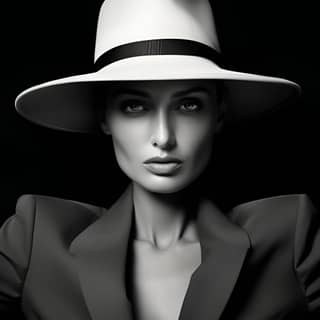 in style of Helmut Newton, a black and white image of in a hat