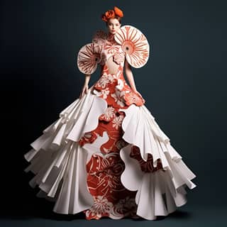 Una bambola di carta con un abito, in un design di costume da favola contemporanea.