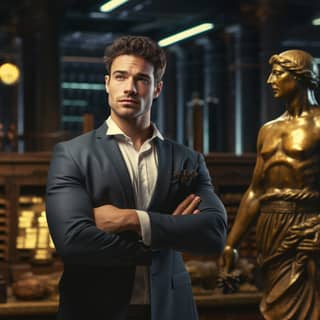 trader with greek statue face confident, in a suit stands in front of a statue