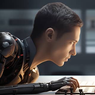 two robots are set on one of the desks in the style of intense close-ups rendered in cinema4d canon eos 5d mark iv yeong-hao