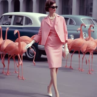 امرأة في بدلة وحذاء ورديين تقف أمام الفلامنغو، معبرة عن رغبتها في جمال الطبيعة.