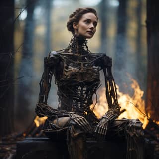 woman forest floor, in a skeleton costume sitting in the woods