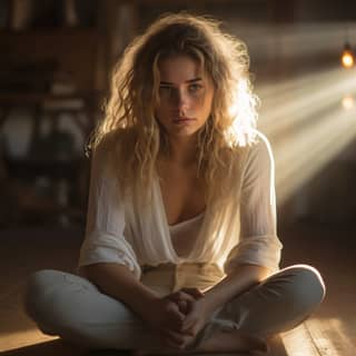 woman sitting on the floor sad and pensive with low energy Photoshoot Depth of Field Tilt Blur Shutter Speed 1/1000 F/22