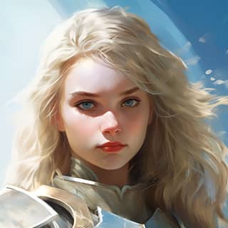 12 year old female cleric holy warrior divine magic fantasy blond hair white skin blue eyes