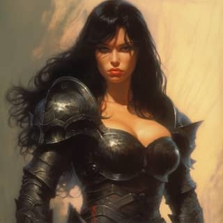 Female tall hair black hair dark shadow filter black armor by Boris Vallejo