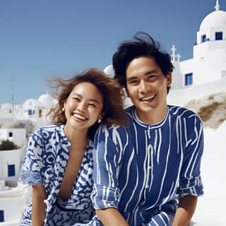 Una pareja vestida de azul y blanco disfrutando de una atmósfera alegre en una isla griega