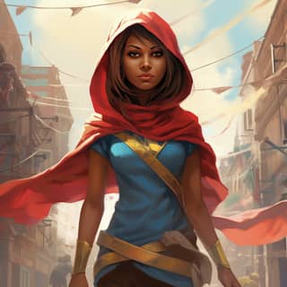 Kamala Khan the Muslim-American superhero Ms Marvel, in a red cape and blue shirt