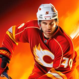 NHL Calgary Flames team inspired using colors red orange and yellow in a background of ice and snow Very realistic Calgary