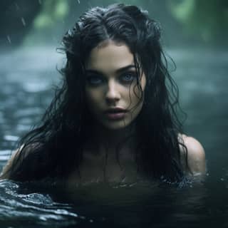 Naiad beautiful with dark wet hair in lake forest misty