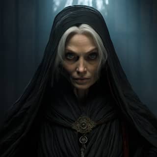 Old woman elf cultist gothic fantasy, the witch is a witch in a black cloak