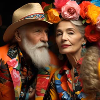 an old couple in traditional outfits embracing each other exhibiting a hyper-realistic pop-art fusion style that captures