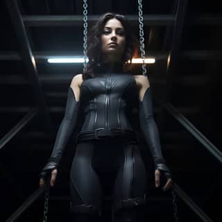 cinematic view full body view in front view in a catsuit hanging from a beam by her wrists her feet do not touch the ground