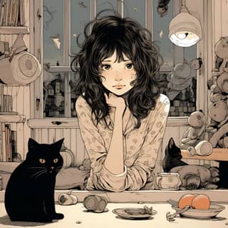 comics strip illustration by Mariko Tamaki, a girl with a cat sitting at a table with a cat