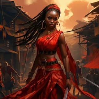 create an ultra realistic full body illustration of a dark chocolate skinned African woman dressed in red traditional