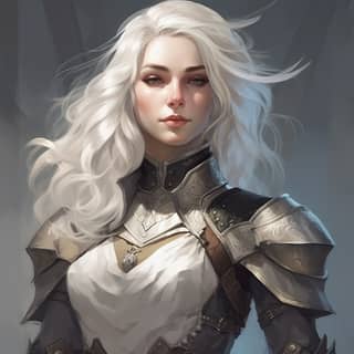 dnd fantsy white hair cleric in armour, a white haired woman in armor with long white hair