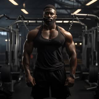 Un hombre negro musculoso con barba haciendo sentadillas levantando pesas pesadas en un gimnasio oscuro