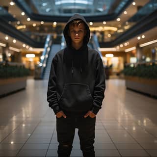 Un chico teencore se encuentra con sentimientos profundos y orgulloso en un gran centro comercial vacío por la noche.