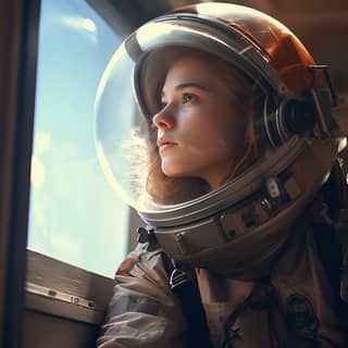 a tween white girl wearing a spacesuit looking through the window on mars