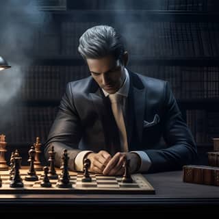 شخص مرتديًا بدلة يلعب الشطرنج ضد خلفية كلاسيكية.