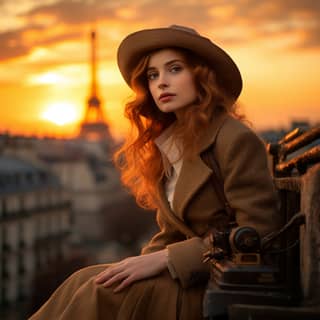 Женщина в плаще и шляпе смотрит на Эйфелеву башню на закате в Париже.