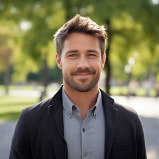 a 35 year old man smailing with short and cute hair in a park well dressed photographed from three quarters american plaine