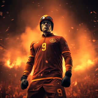 Commander 9:16 GALATASARAY MAN, a soccer player in an orange uniform standing in front of a fire