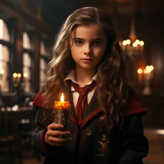 Một cô gái trong trang phục học sinh, gợi nhớ đến Hermione từ Gryffindor, cầm một cây nến trong một lọ màu nâu nhỏ trước phông nền của hội trường Hogwarts.