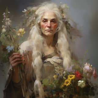 Une vieille femme viking avec de longs cheveux blancs et des plantes sauvages féroces dans un champ de fleurs.