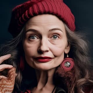 Une femme âgée avec un chapeau rouge et une écharpe, 80 ans.