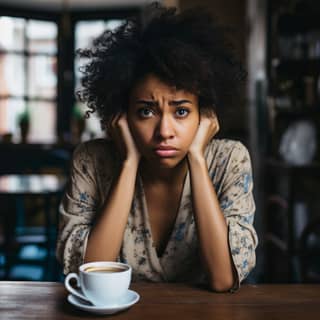 Siyah bir kadın saç modeli olan afro saçla masada bir fincan kahveyle oturuyor.