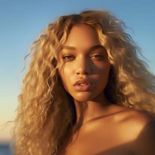 Uzun kıvırcık saçlı güzel bir sarışın kadın, Lizzo'ya benzer bir vücut tipiyle plajda poz verir.