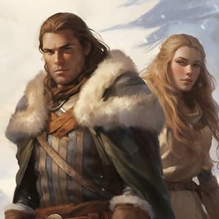 A close up of and The man has shoulder length brown hair and is from The Companions Guild Skyrim The woman has long blonde