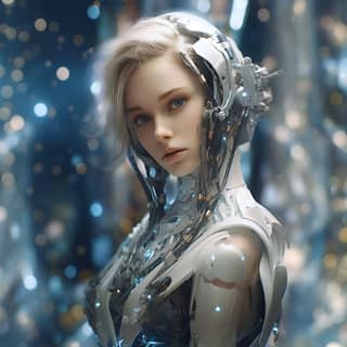 a female robot wearing a fake mask and blue eyes in the style of realistic portrait painter tilt-shift lenses artgerm