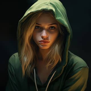 a girl is wearing a green hoodie to hide her hair in the style of hyper-realistic portraiture soft edges and atmospheric