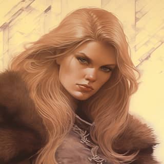 with long blonde hair from The Companions Guild Skyrim She's wearing a brown medieval dress and a fur cloak The Elder